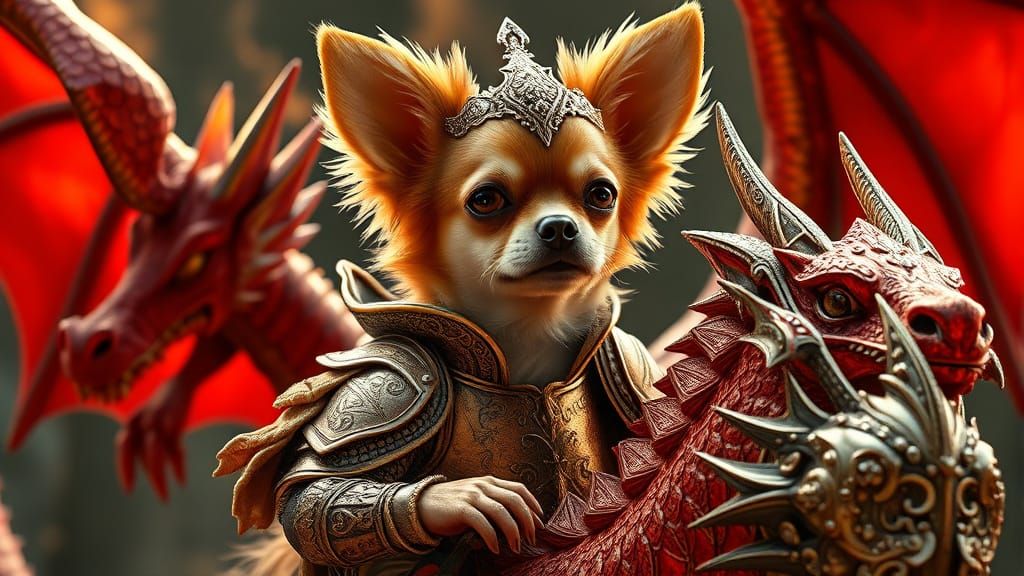Armored Chihuahua on Dragon: Fantasy Realism Portrait