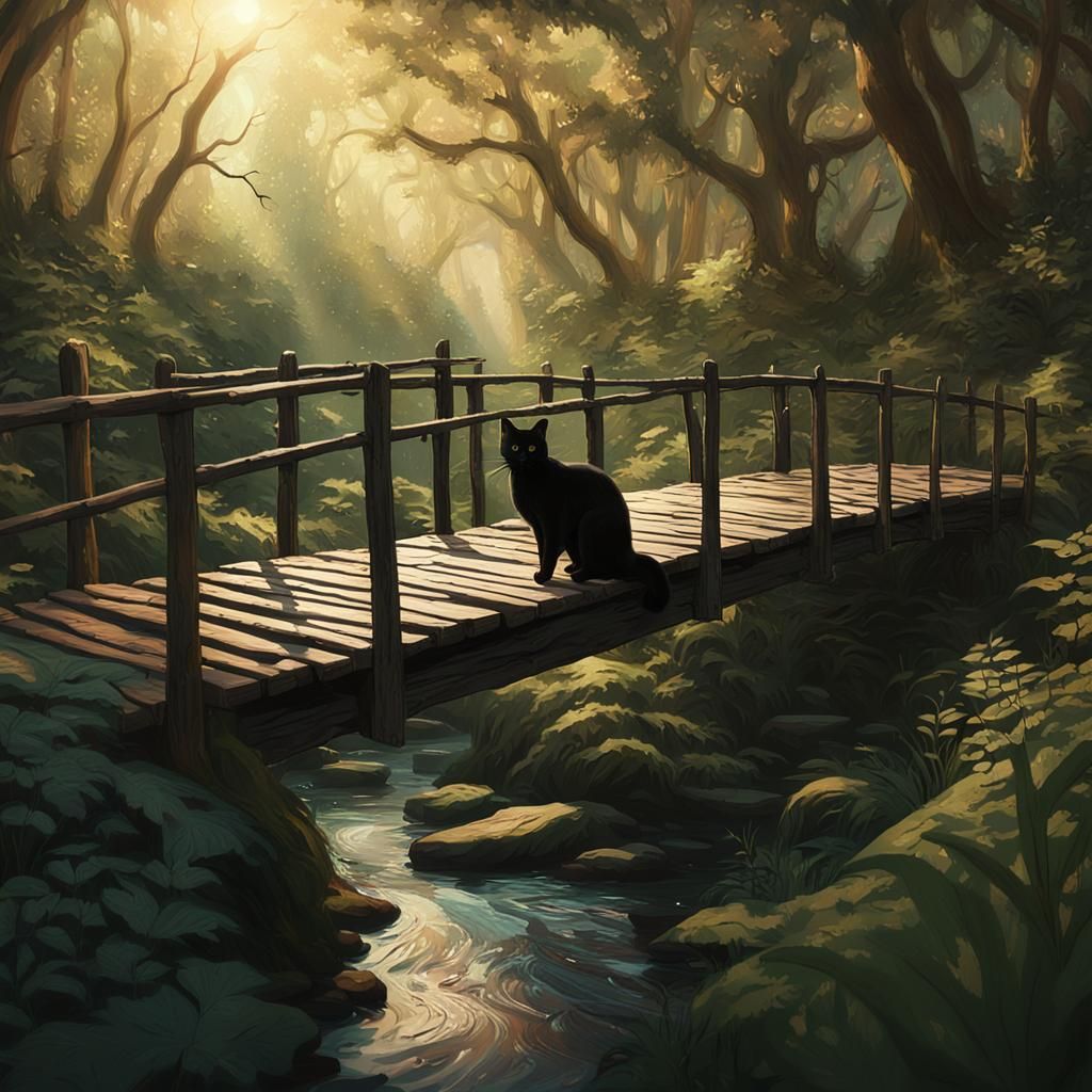 Epic Cinematic Scene of Black Cat Crossing a Wooden Bridge i...