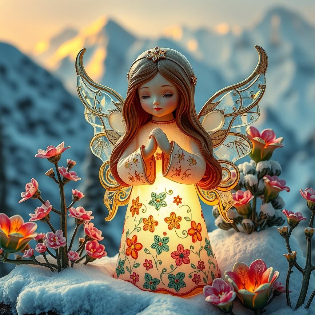 Enameled Glass Angel Figurines in Dreamy Landscape