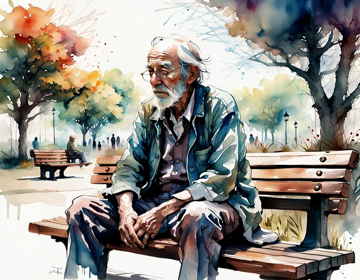 Old Man in Park: Digital Watercolor Illustration