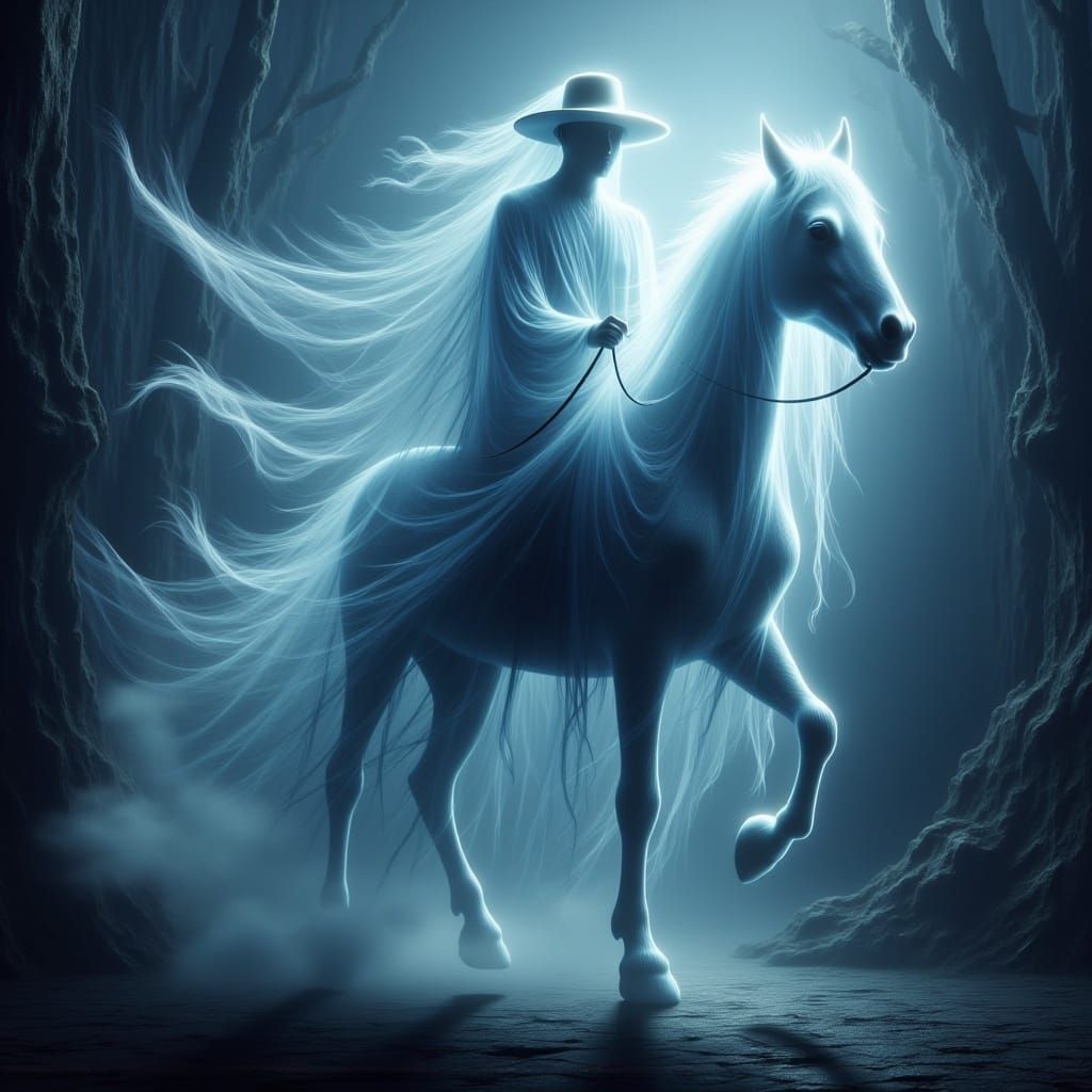 Ethereal Cowboy Rides Through Necropunk Landscape