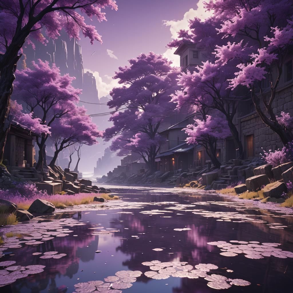 Monochromatic Purple Scenery in Splash Art Style