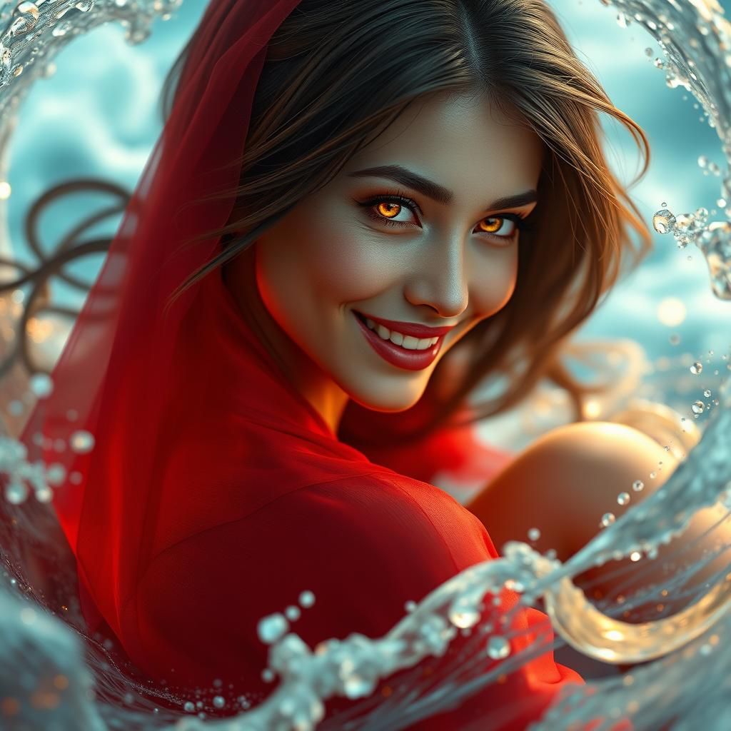 Woman in Red Dress Amidst Ocean Waves