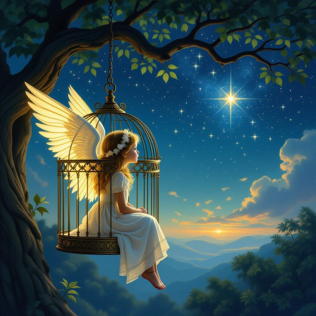 Girl with Golden Wings Trapped in Cage Under Starry Sky