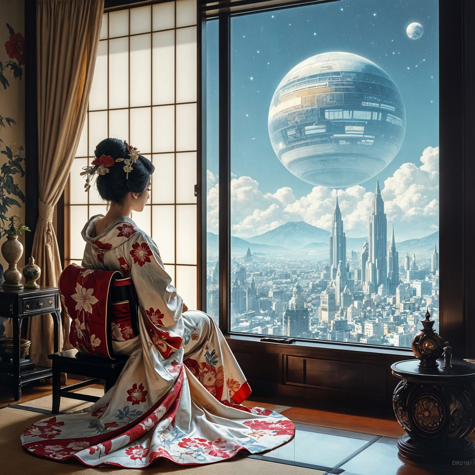 Geisha Observes Alien Planet in Romantic Realism Style