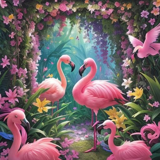 Fuchsia Flamingos in Flourishing Floral Fantasy