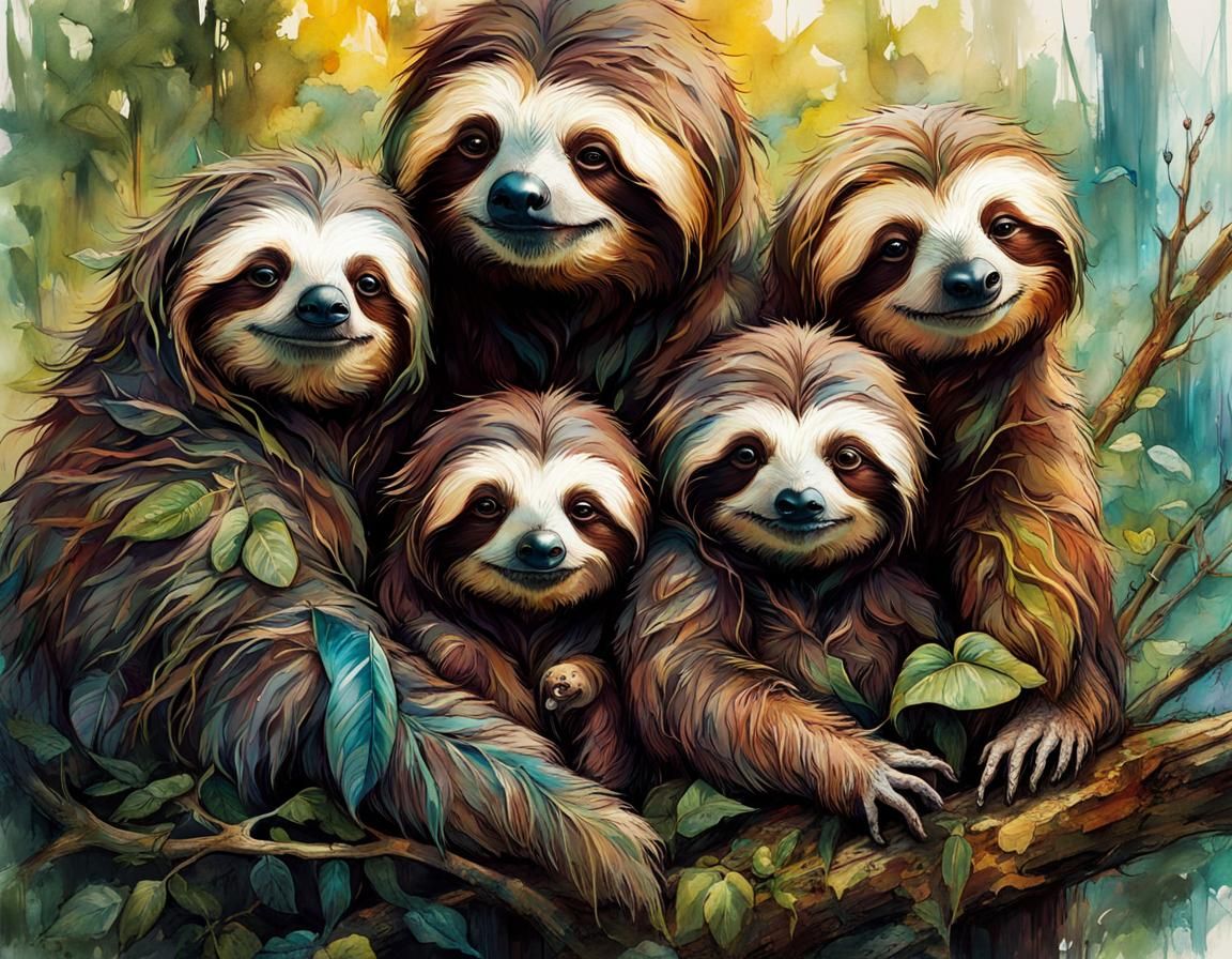 Hyperrealistic Chibi Sloth Family Portrait