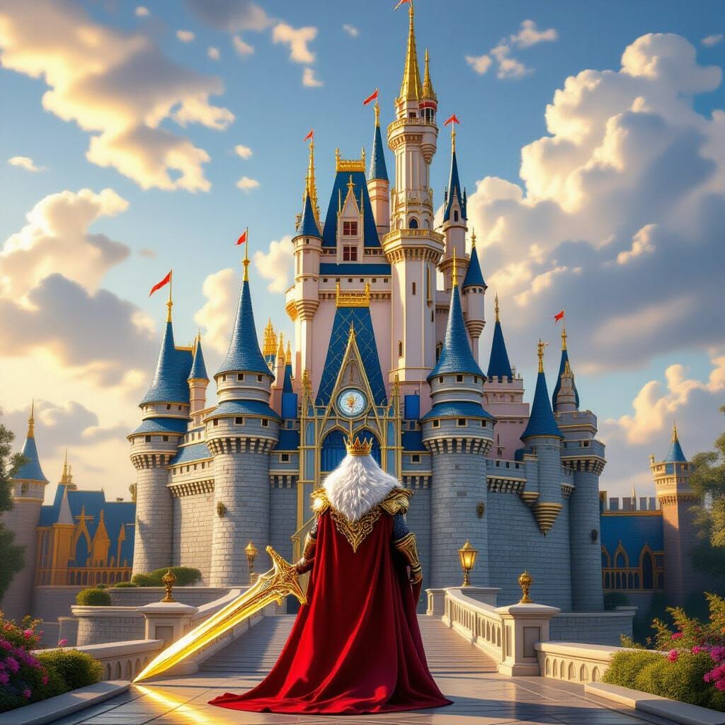 Fantasy King with Golden Sword at Castle