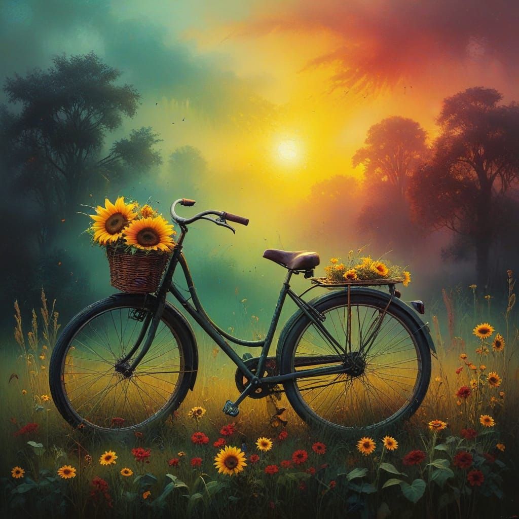 Surreal Hyperrealistic Scene of a Bicycle in a Misty Meadow