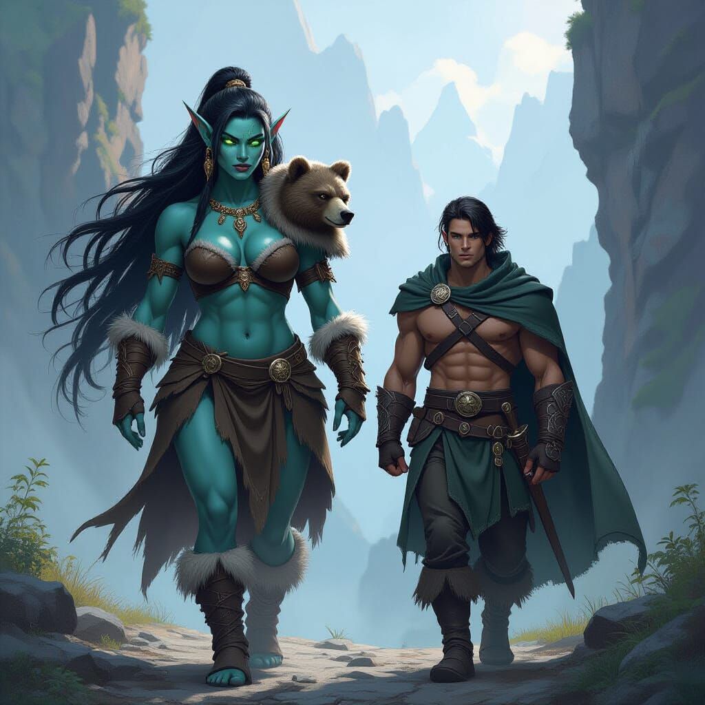 Muscular Ogress and Human Companion on Rocky Path