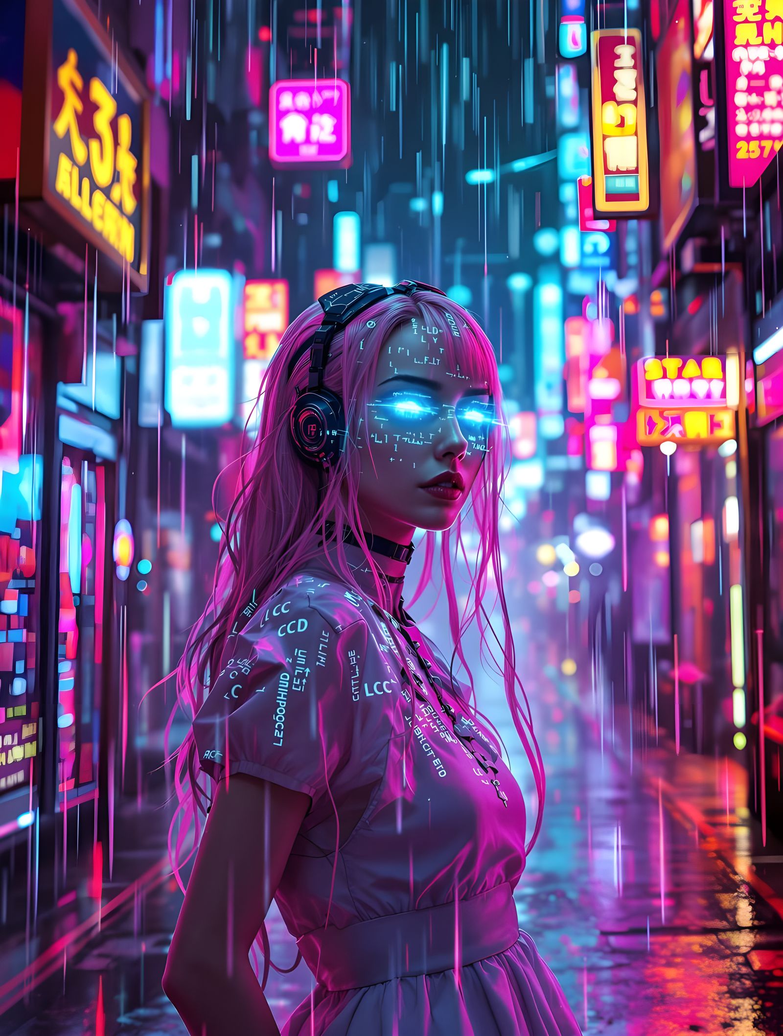Cyberpunk Alice Hacker with Cybernetic Eyes in Neon Alley