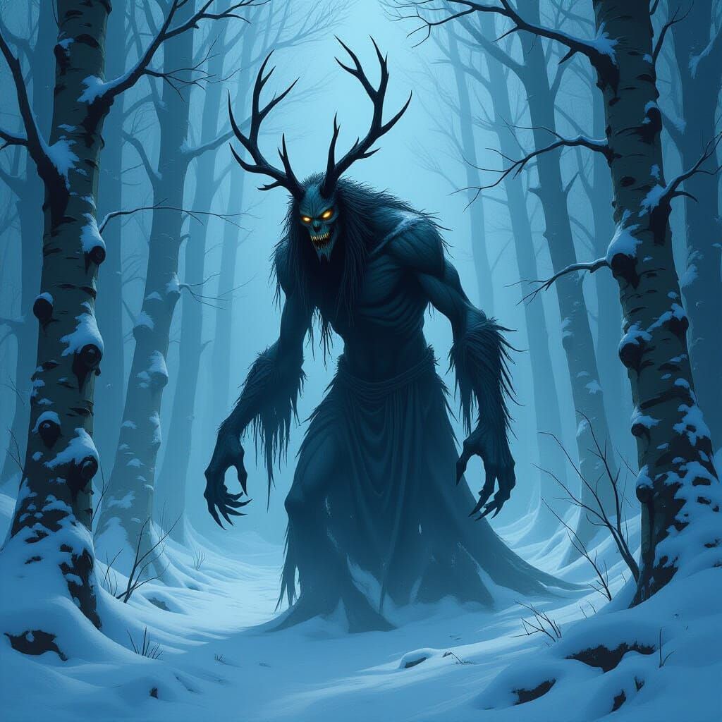 Gaunt Wendigo Lurking in Snowy Forest