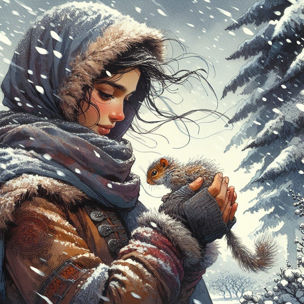 young woman saves a little squirrel  from the blizzard