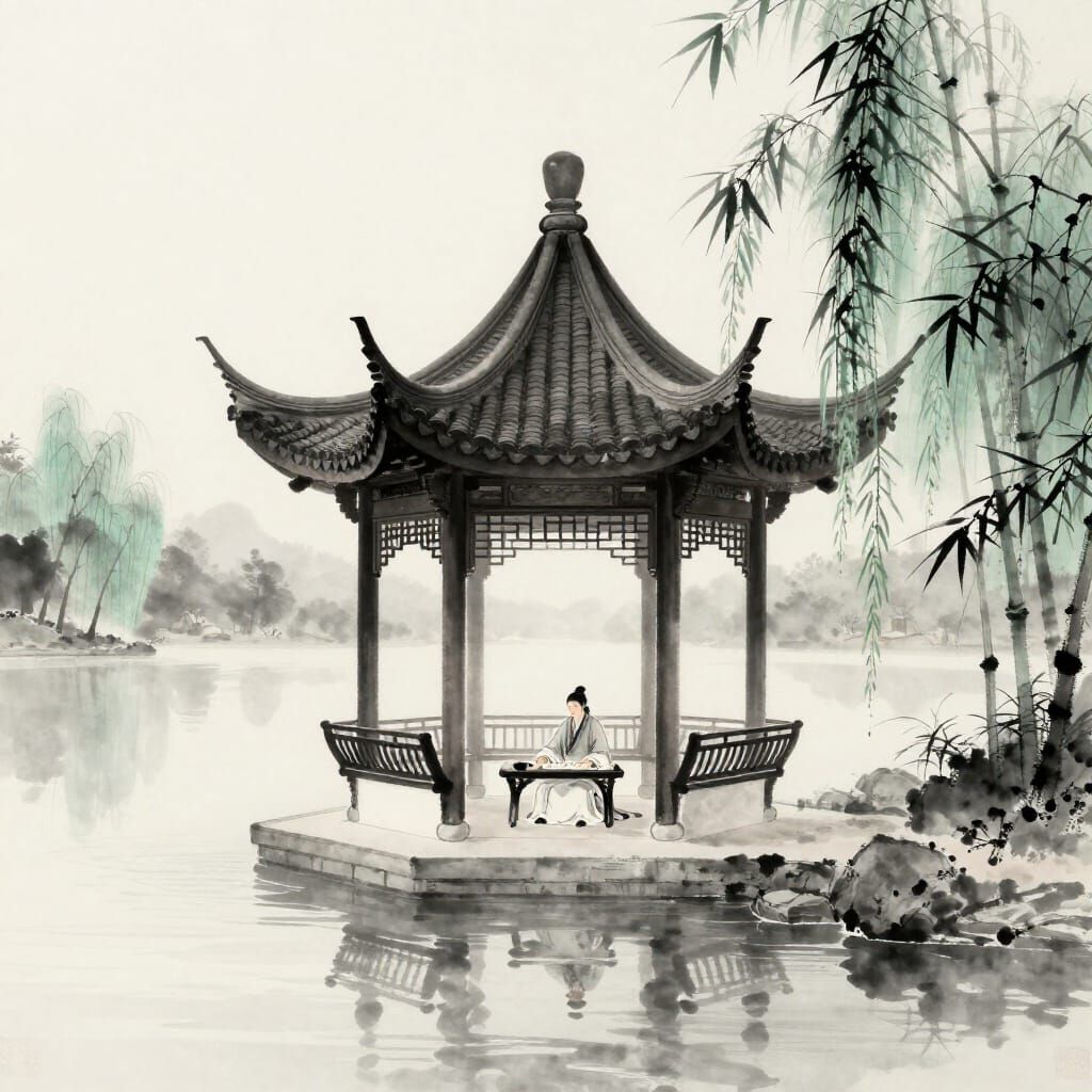 Serene Chinese Pavilion by Tranquil Lake in Ink Wash Style