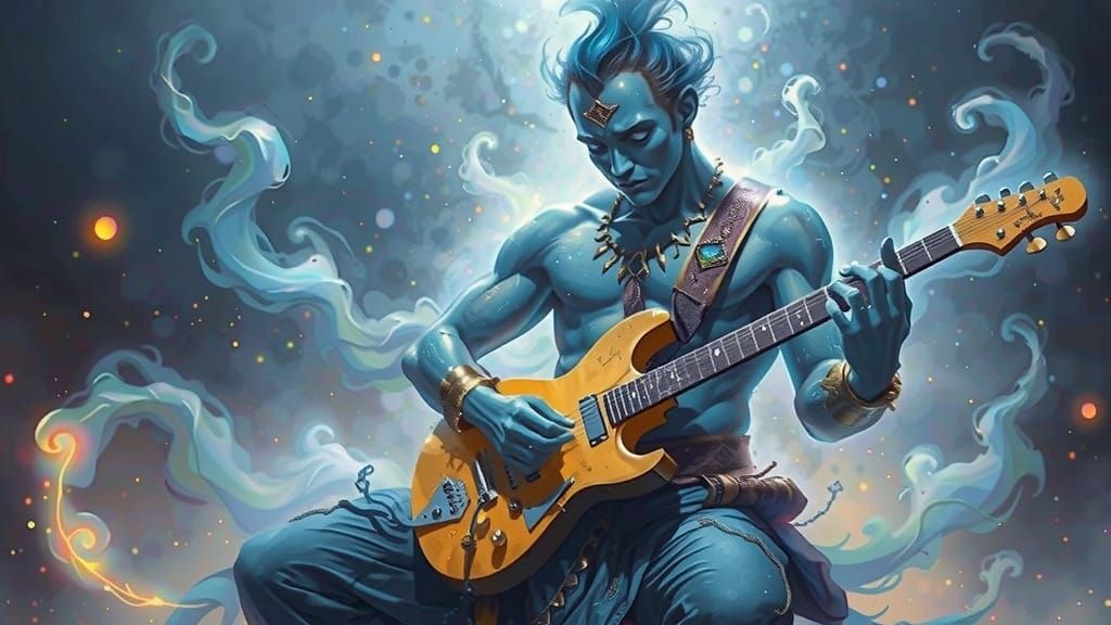 Genie Shredding Guitar: Ethereal Acrylic Painting