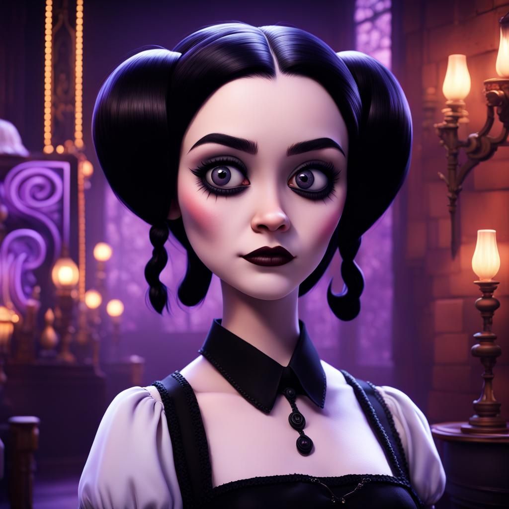 Wednesday Addams Inspired Cartoon in Disney Pixar Style