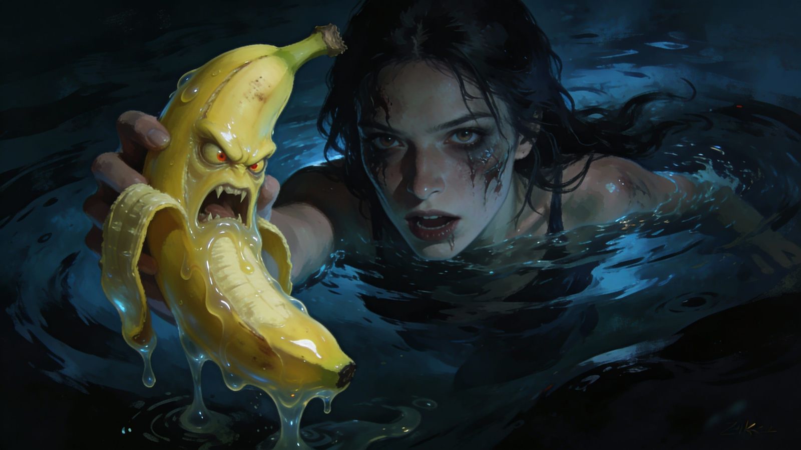 Eerie Digital Painting of Woman Swimming with Oozing Banana