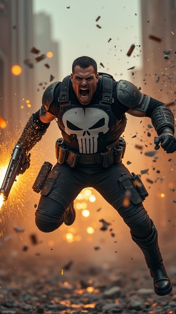 Punisher in Mid-Air Combat with Explosive Debris