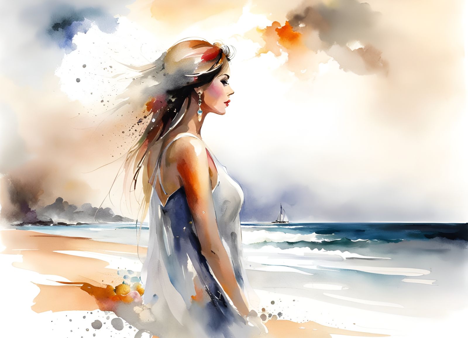 Woman on Beach: Watercolor Portrait in Surreal Style