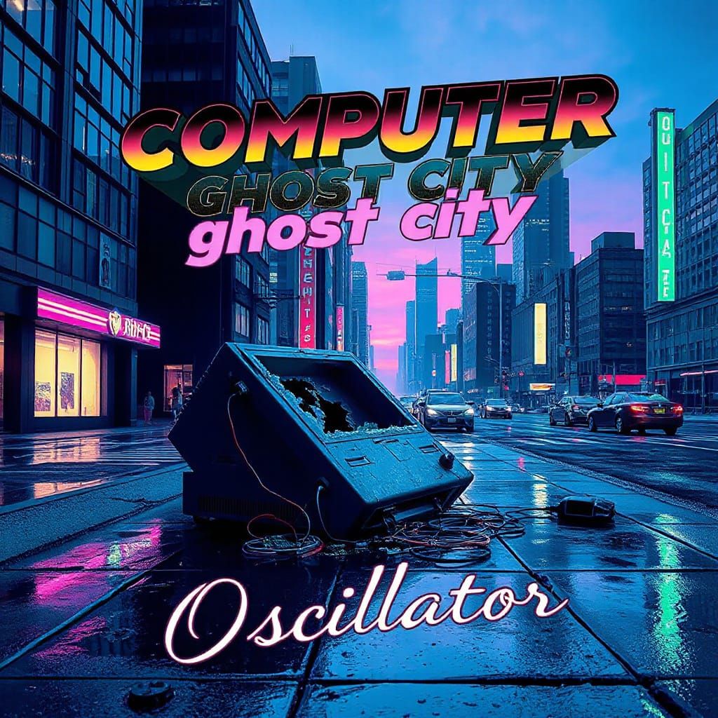 Retro-Futuristic Cityscape: Abandoned Technology in Neon Hue...