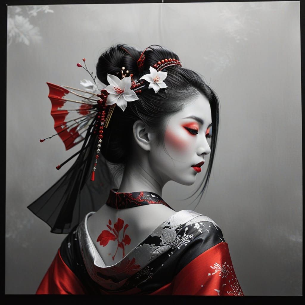 Ethereal Geisha Portrait in Black, White, and Red