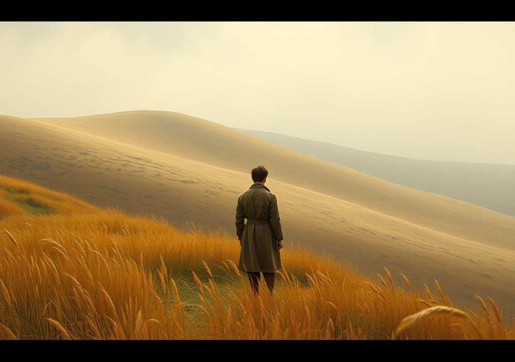 Solitary Figure on Windswept Hill in Impressionist Style