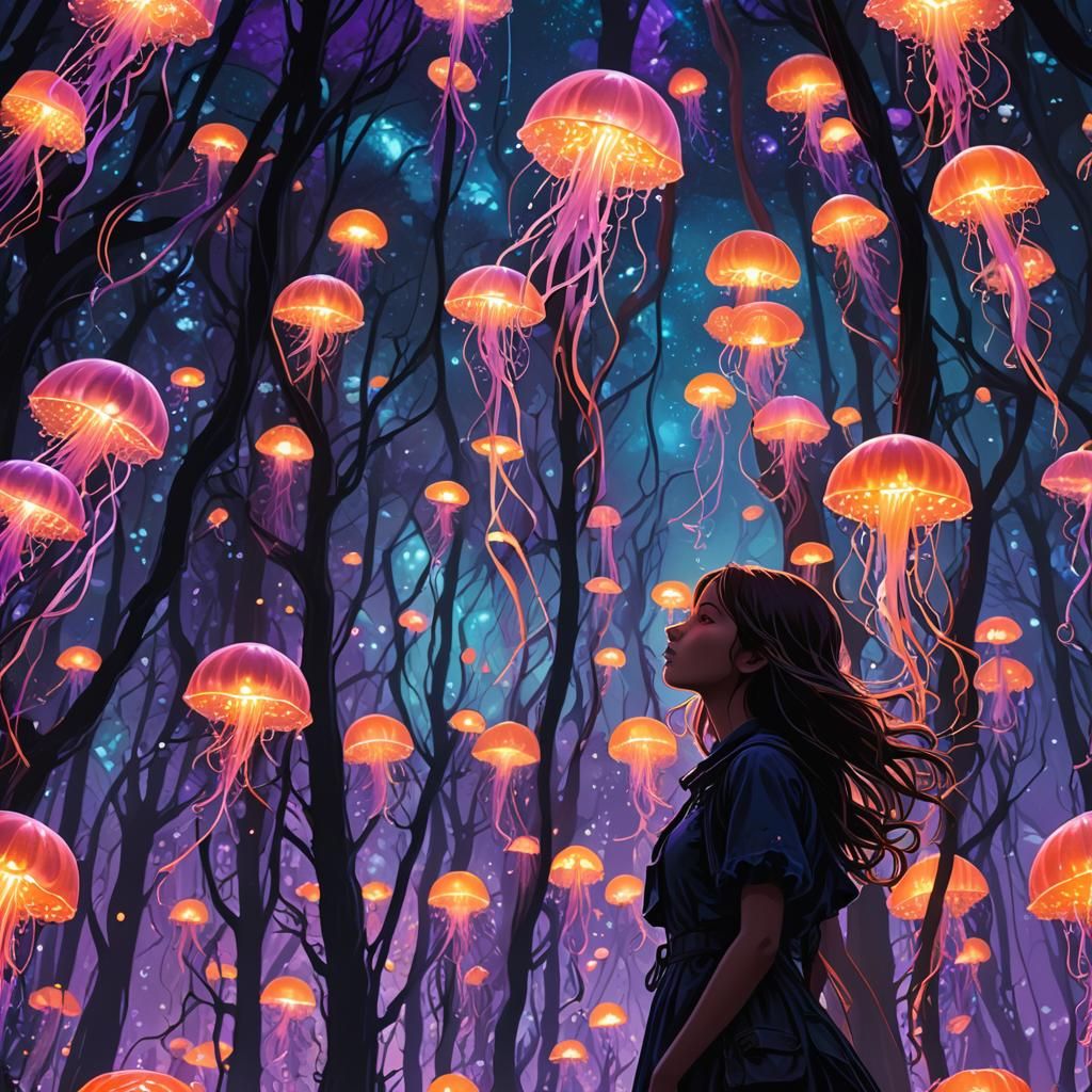 Girl in Bioluminescent Jellyfish Forest: Silhouette Art