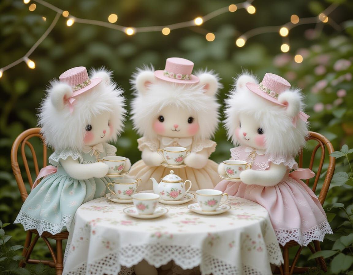 Pompom Creatures' Magical Tea Party in Whimsical Garden