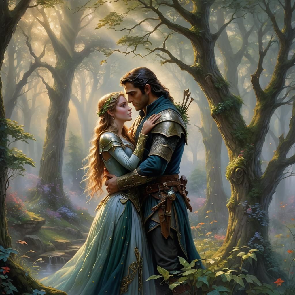 Ethereal Elf Warrior and Maiden Embrace in Forest