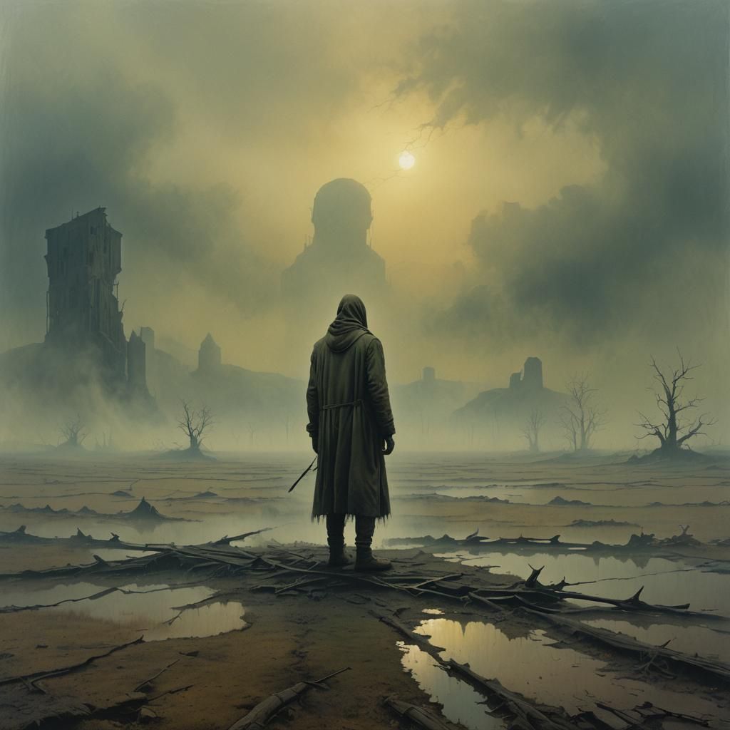 Dystopian Surrealism: Lone Figure in Mist Landscape
