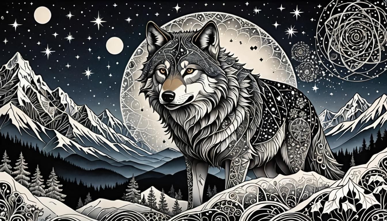 Ethereal Wolf Amidst Fractal Mountains Under Starry Skies