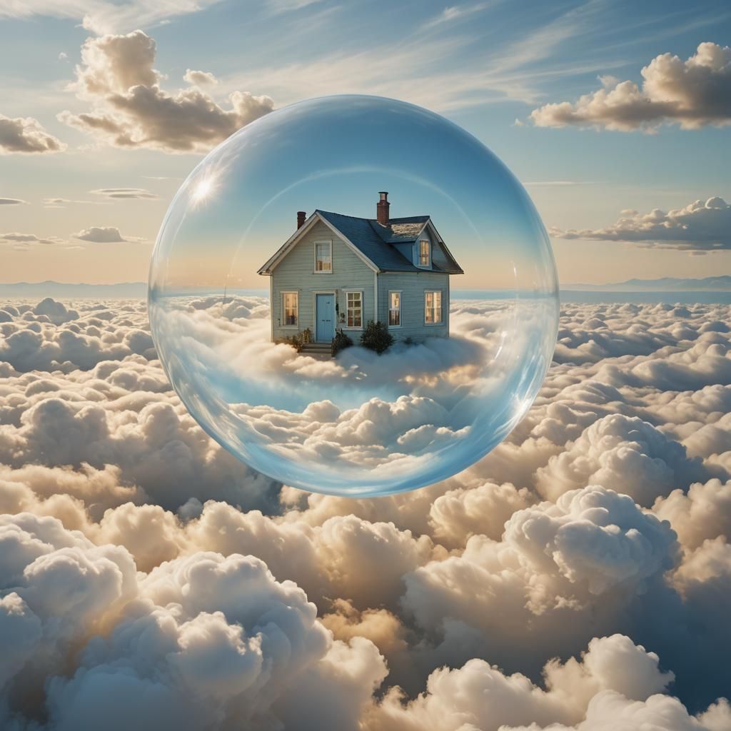 Dreamy House in Bubble Above Clouds: Surreal Scene