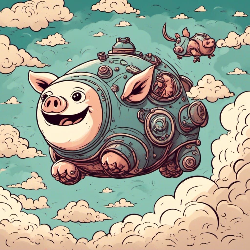 Robot Flying Pig with Linocut Textures
