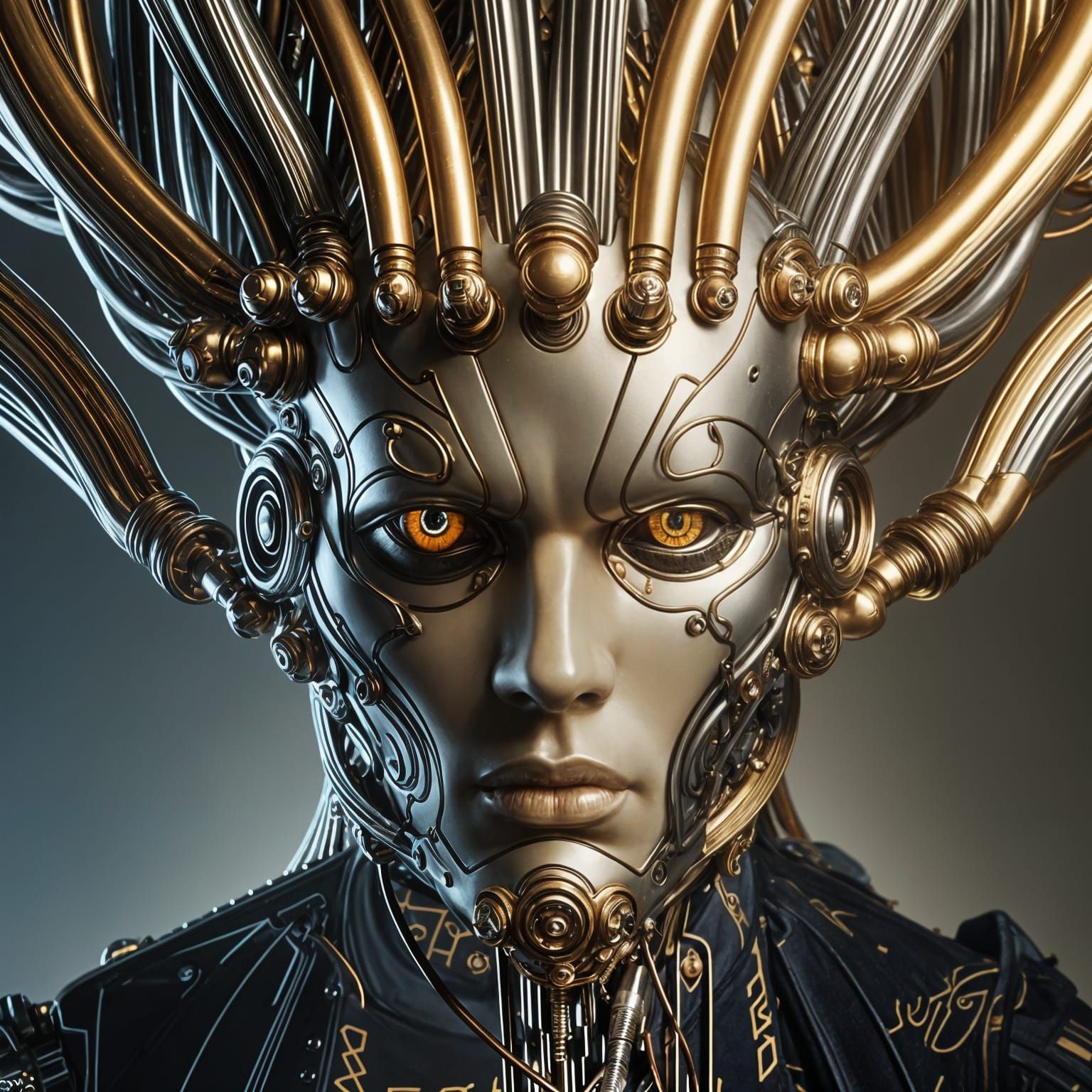 Steampunk Robotic Portrait with Intricate Copper Hairstyle