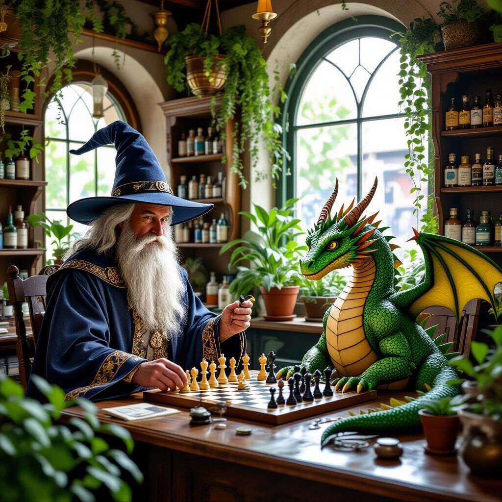 Wizard and Dragon Play Chess in Apothecary Shop