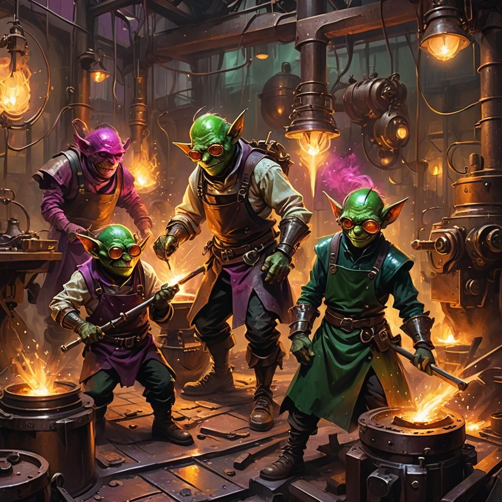 Goblins in Steampunk Foundry: Oil on Canvas Style