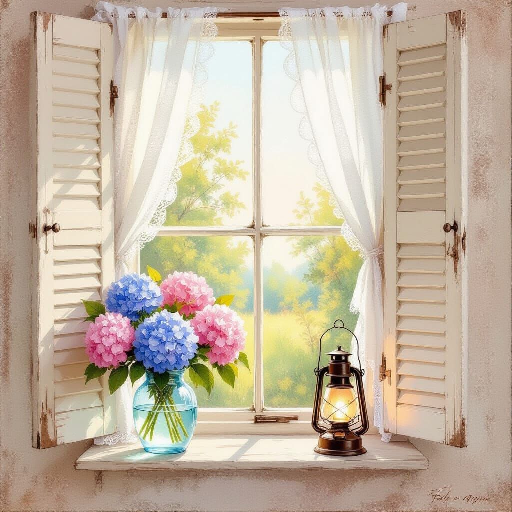 Shabby Chic Window with Hydrangeas: Pastel Oil Painting