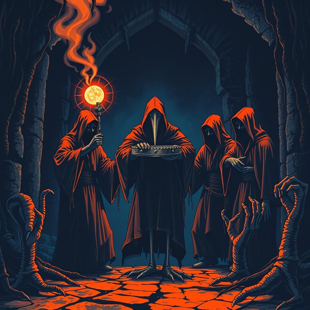 Dark Cultists Dance in Ancient Ruins with Steampunk Stork