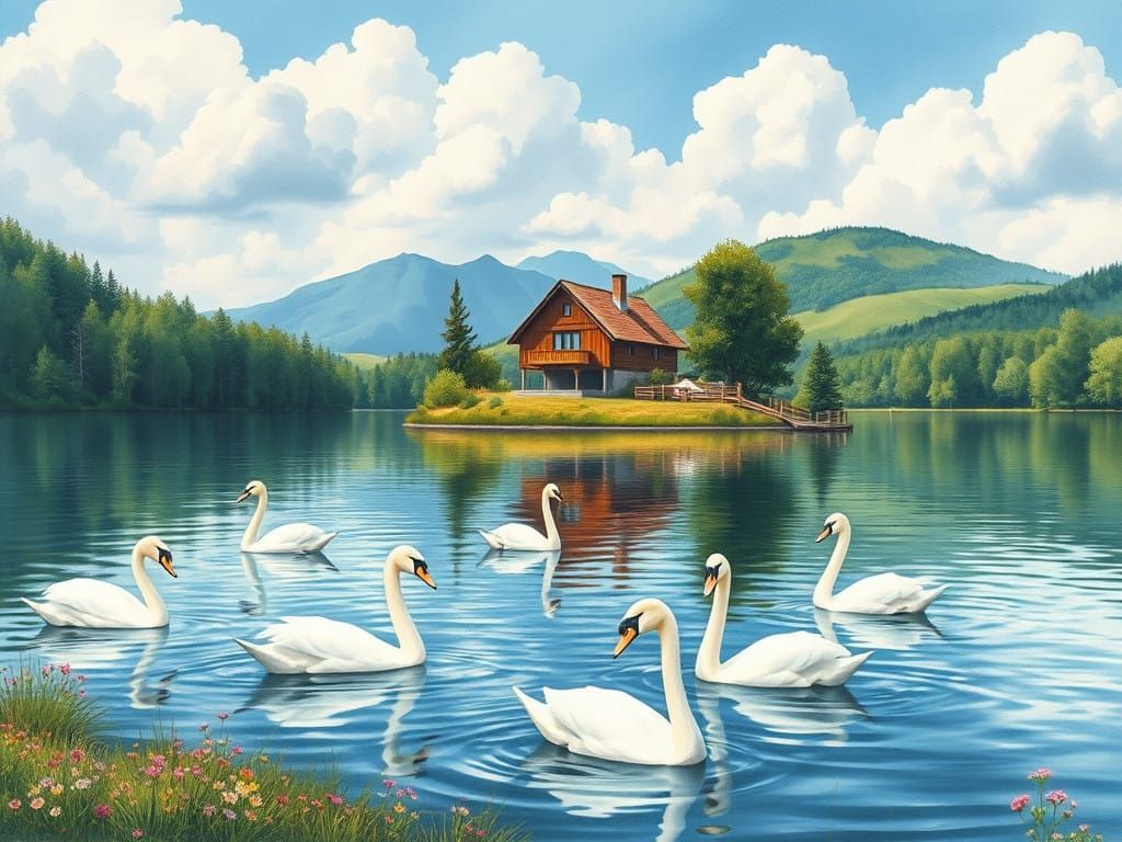 Serene Swans in a Tranquil Lake Scene, Neo-Impressionist Oil...