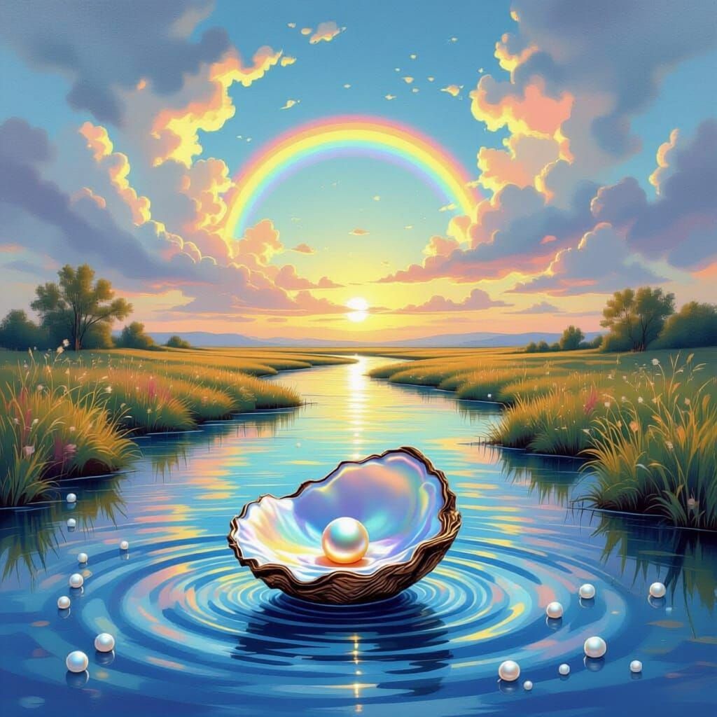 Surreal River of Emotions with Rainbow Clouds