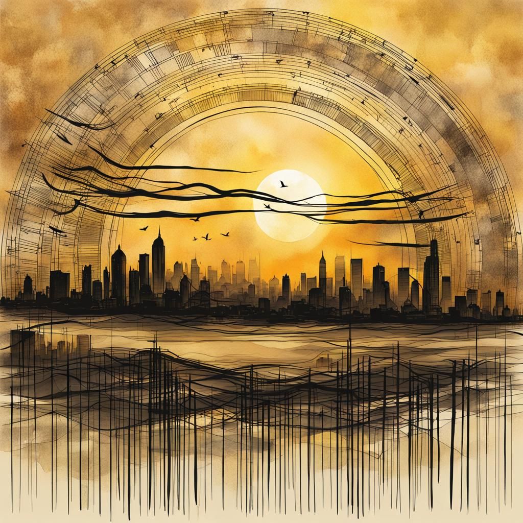 Golden Sunrise Over Mysterious Cityline Ink Sketch