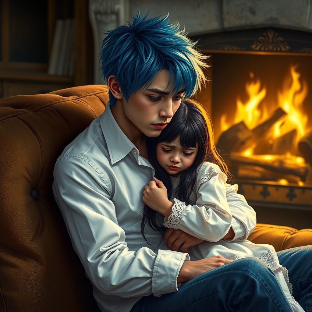 Man Comforts Crying Girl in Dreamlike Setting