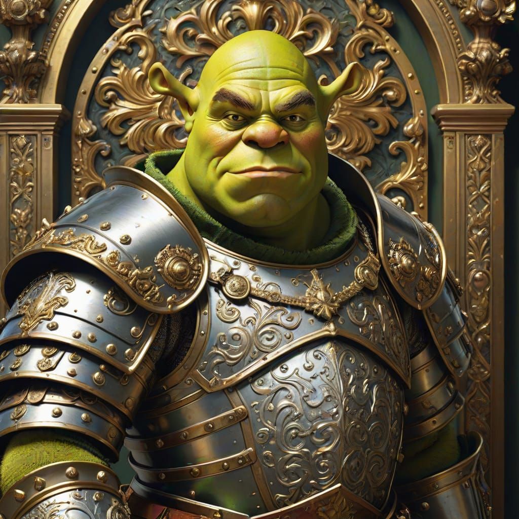 Shrek in Baroque Plate Armor, Holding a Broad Sword