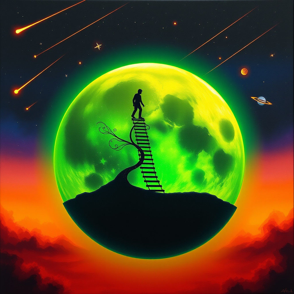 Neon Moon Ascent: Abstract Expressionist Dreamscape