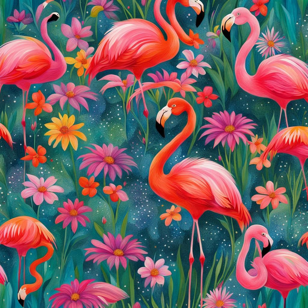 Flamingo in a Sparkly Field of Colorful Flowers