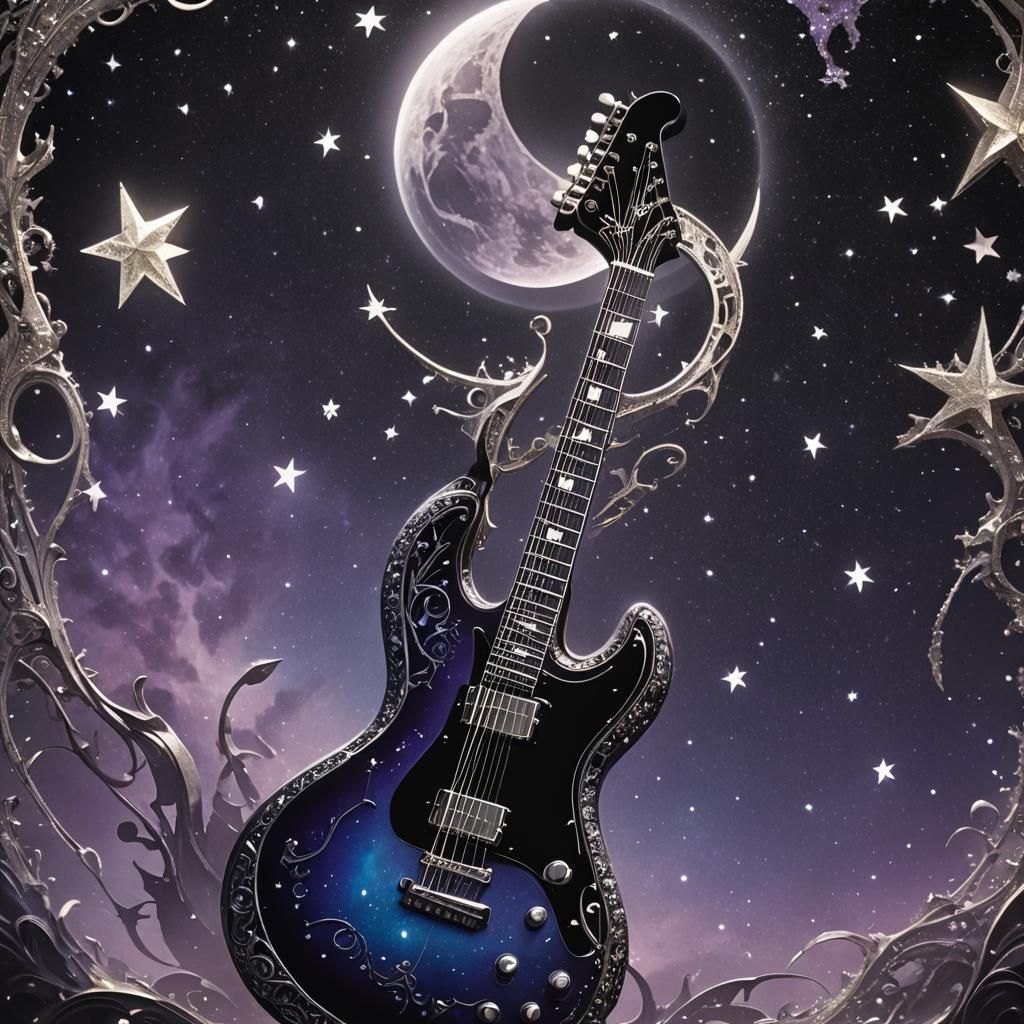 Guitar Silhouette with Silver Star Moon, Digital Art