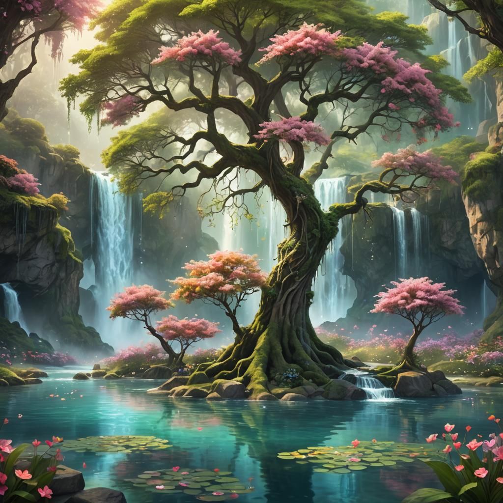 Dreamy Tree in Water with Magical Floral Background