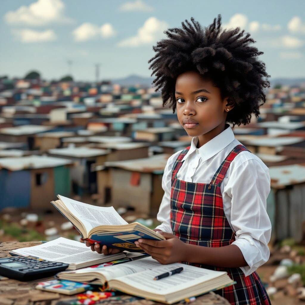 Young Girl Studying in Township, Photorealistic Style