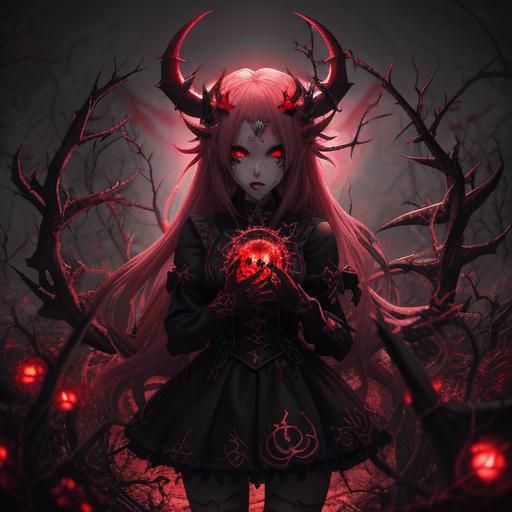 Demonic Anime Chibi Girl with Blood Moon Background