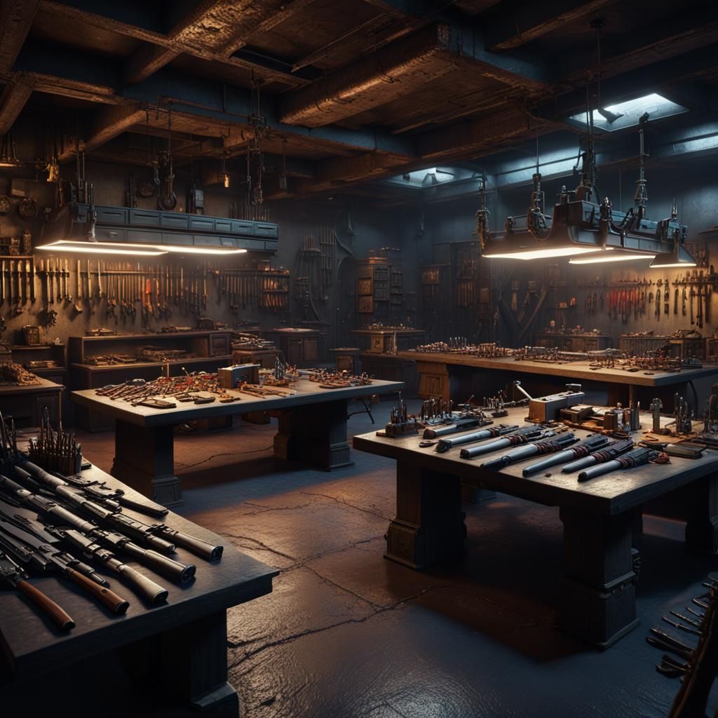 Dark Underground Base with Weapons in Matte Painting